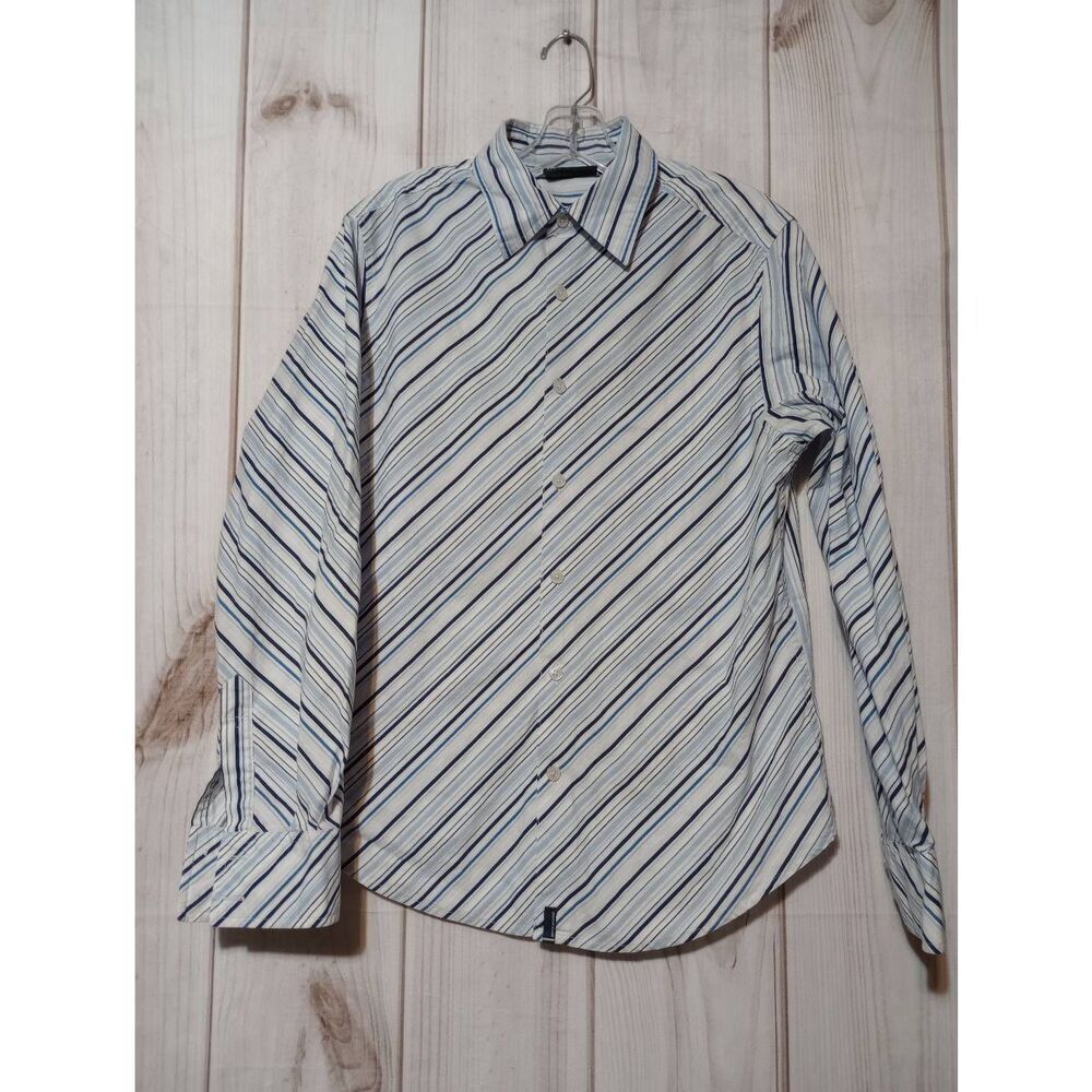 DKNY Shirt Men's Medium Blue Stripe Button Front Long Sleeve Y2K